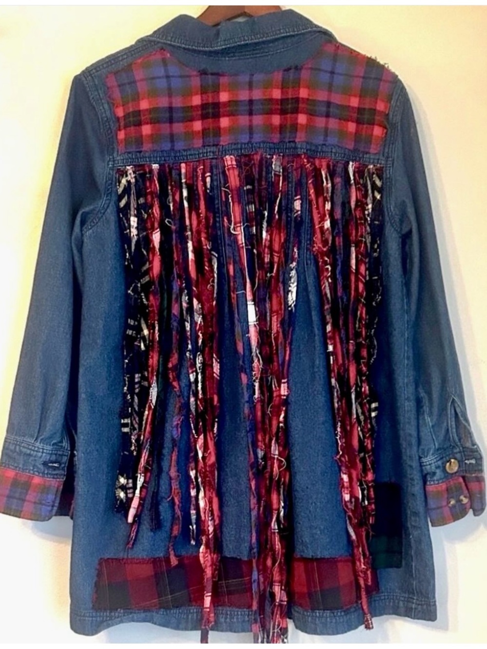 Upcycled flannel plaid patched fringe back denim jean coat